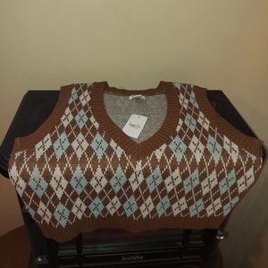 Brown, white and baby blue. Argyle knit crop pull over vest